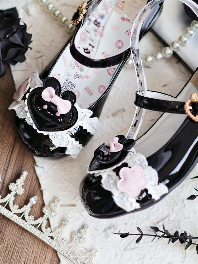 PU Motifs in Cute Rabbit with Low-heel Lace Black Mary Bunny Janes Trim