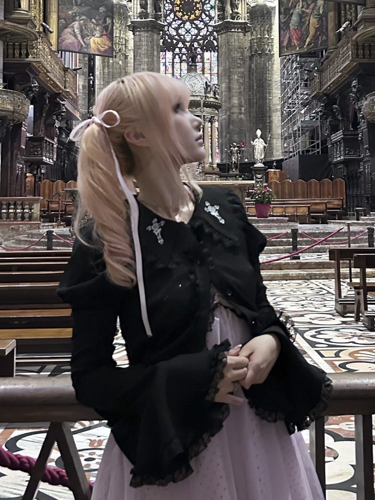 Sleeves with Embroidered Cross Black Rose Gothic Blouse Bell and