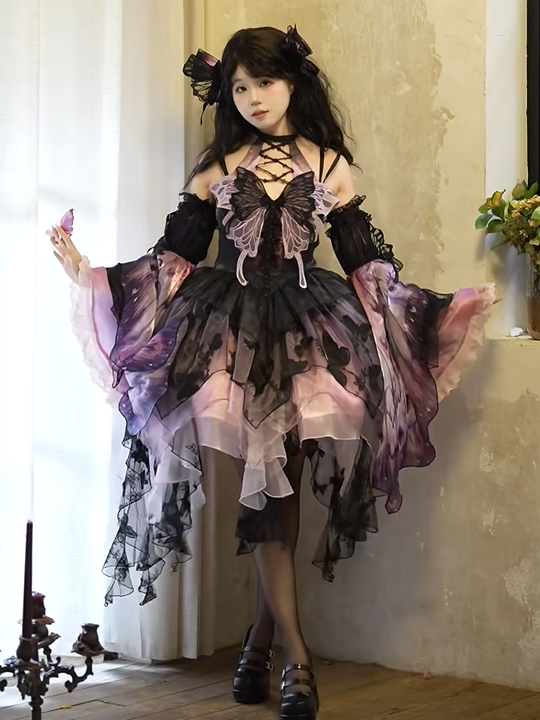 Purple Black Tulle with Hem Gothic Applique Dress Multi-Layer Halter Lolita Asymmetric Butterfly Lace-Up