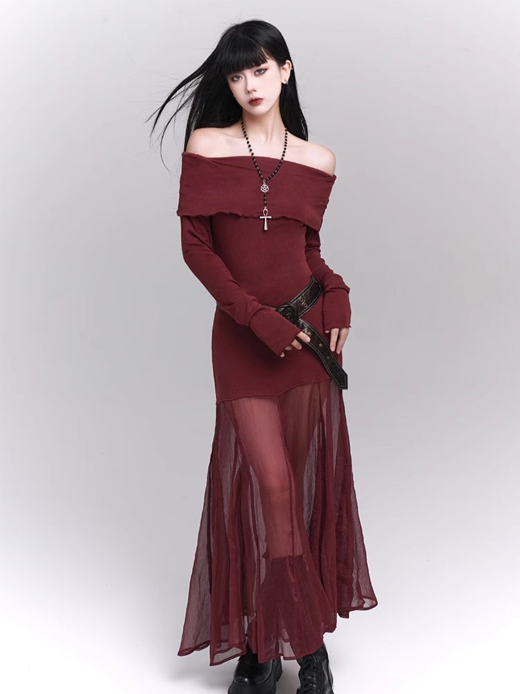 Wine Red Semi-sheer Off-the-shoulder Neckline Glamorous Dress