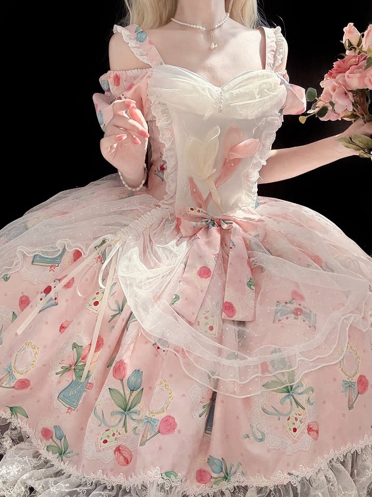 Dress with Pink Off-Shoulder Elegant Drawsting Tulip Lolita Print Tulle Overlay