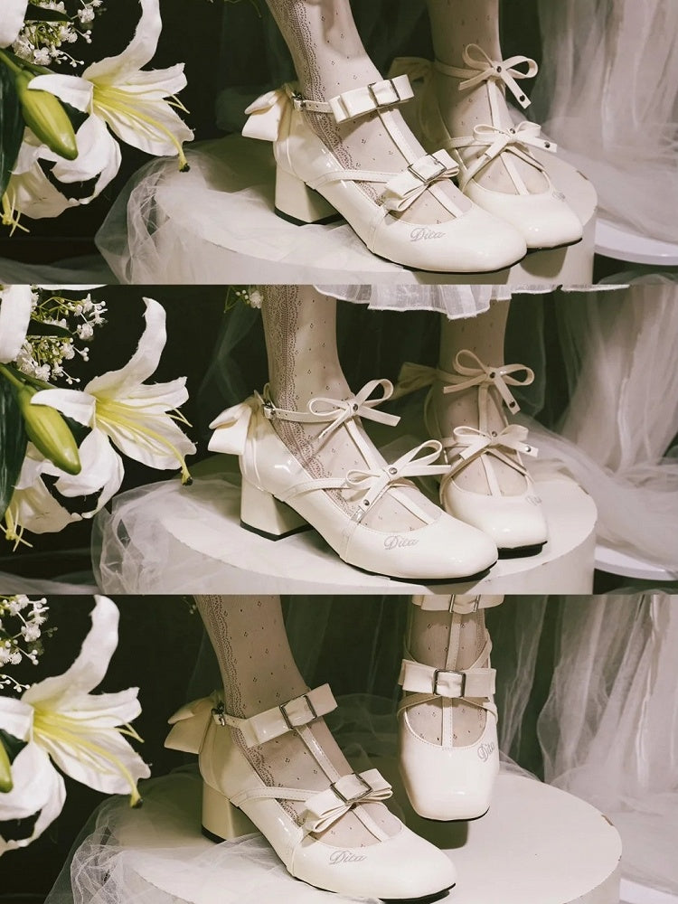 Lolita Toe Heels Polished Middle Accents Bow Design Elegant Square T-strap White with