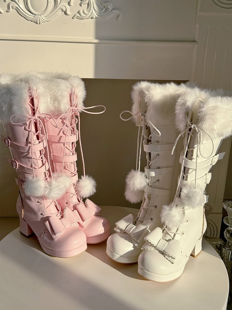 Multi-Closure Boots Pompom PU Plush Laces Sakura - System with Pink Collar Elegant Lolita Knee-High