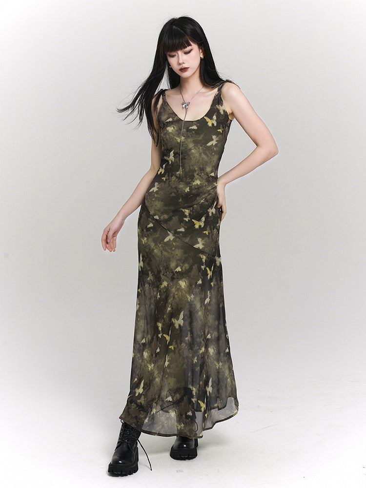Tie-Strap Adjustable Print with Slip Green Butterfly Dress Ankle-Length Gothic