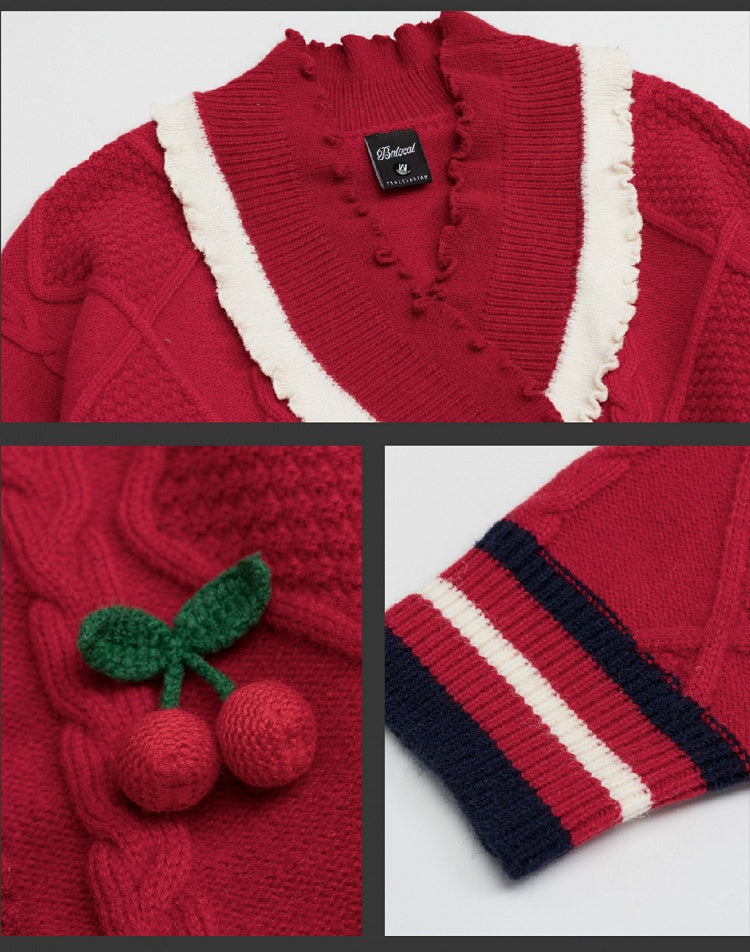 Cherry Adorned Red V-neck Christmas Cardigan