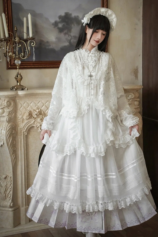 ロングスカート 花柄袖 パープル + ロリータプリント 漢馬顔とライトブラウス ホワイトセット フルスネーク