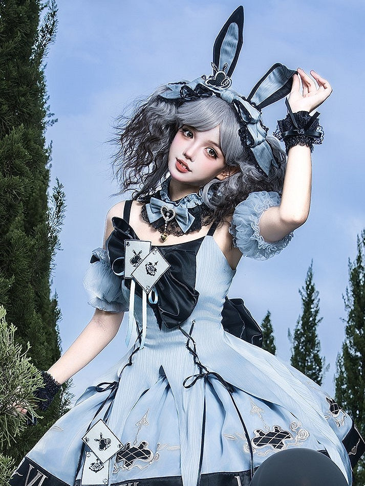 Blue & Black Striped Bunny Ears Lolita KC with Bow Details - Unknown Star