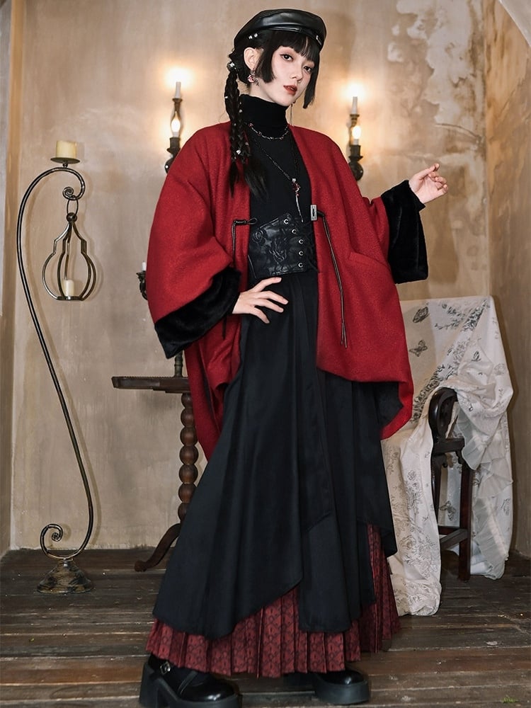 Embellished - Year Red Coat Cuffs Placket Button Plush Sleeve New Tassel Cape