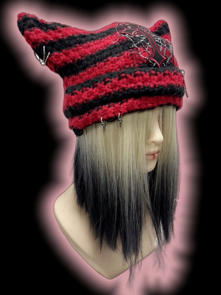 Red and Black Cross Applique Studs Punk Cat Ears Striped Beanie