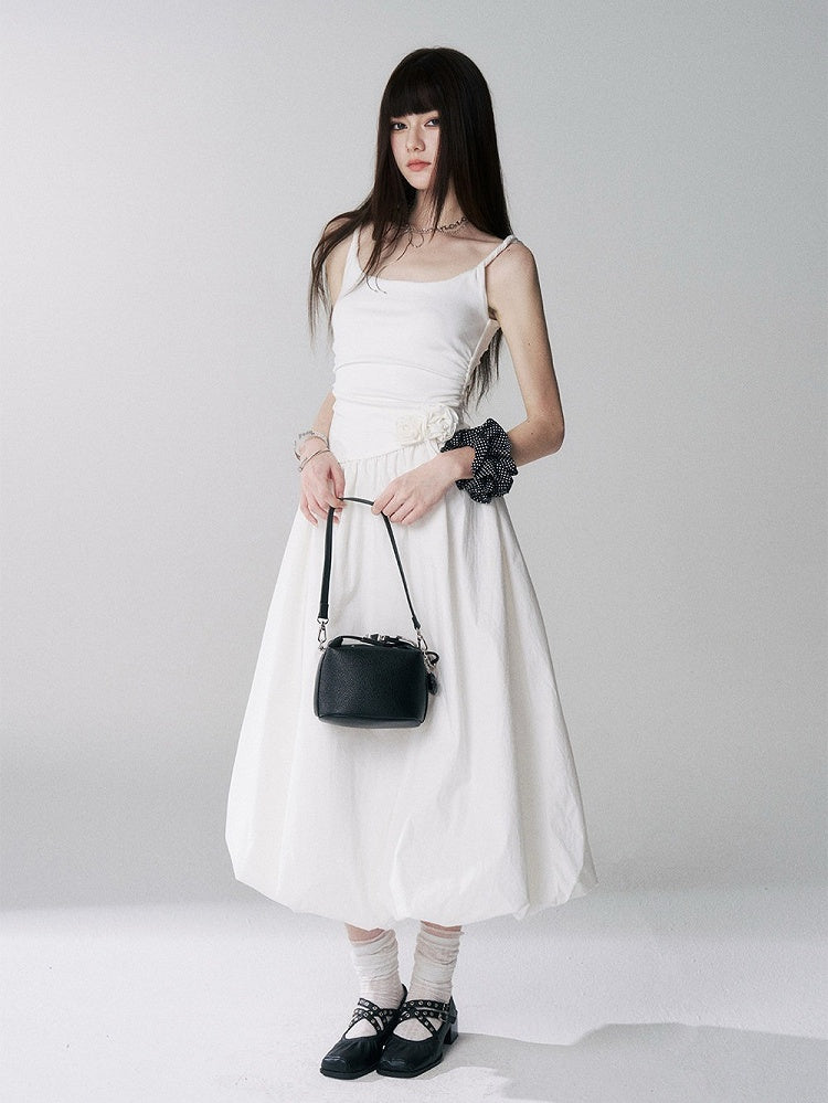 Spaghetti Strap Bubble Dress with 3D Roses in Beige - Lady Ghost