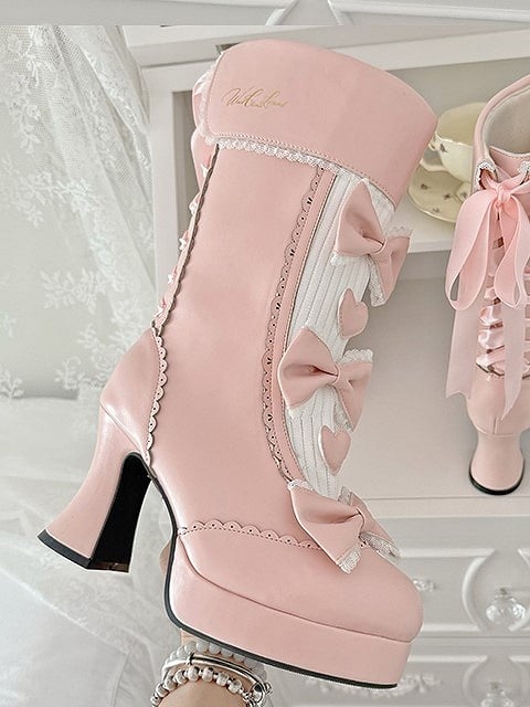 Pink Accents Elegant High-heel Heart Lolita Lace-trimmed Bow Boots Details Platform with