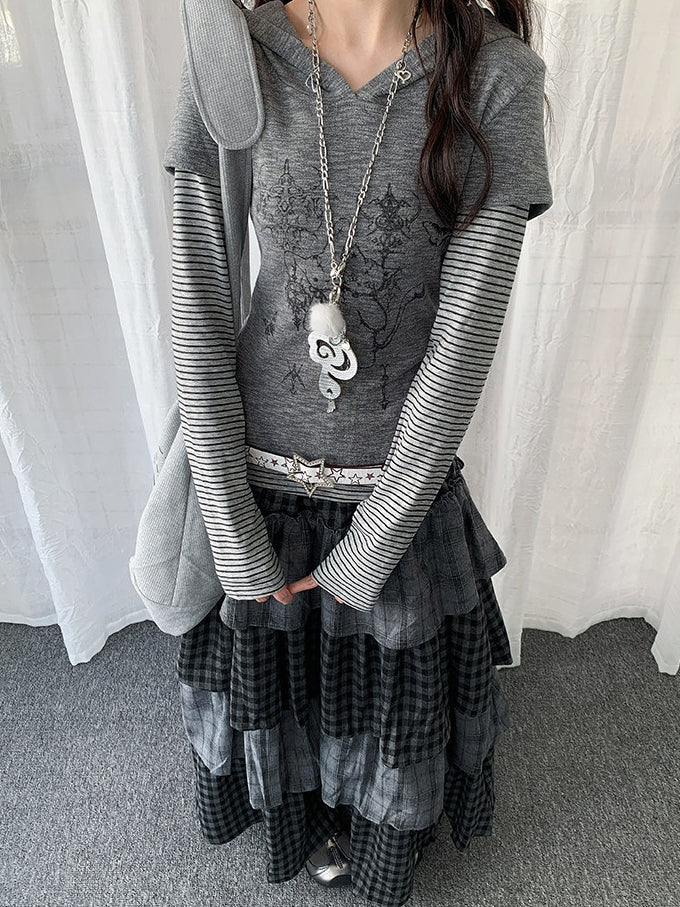 Top Print Y2K Cat Gray Bunny Patchwork Hooded Striped with Two-piece