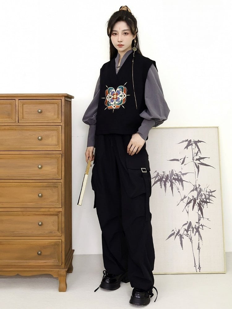 Unisex with Floral Black Fringe Detachable Vest Embroidery Style - Chain Chinese V-Neck