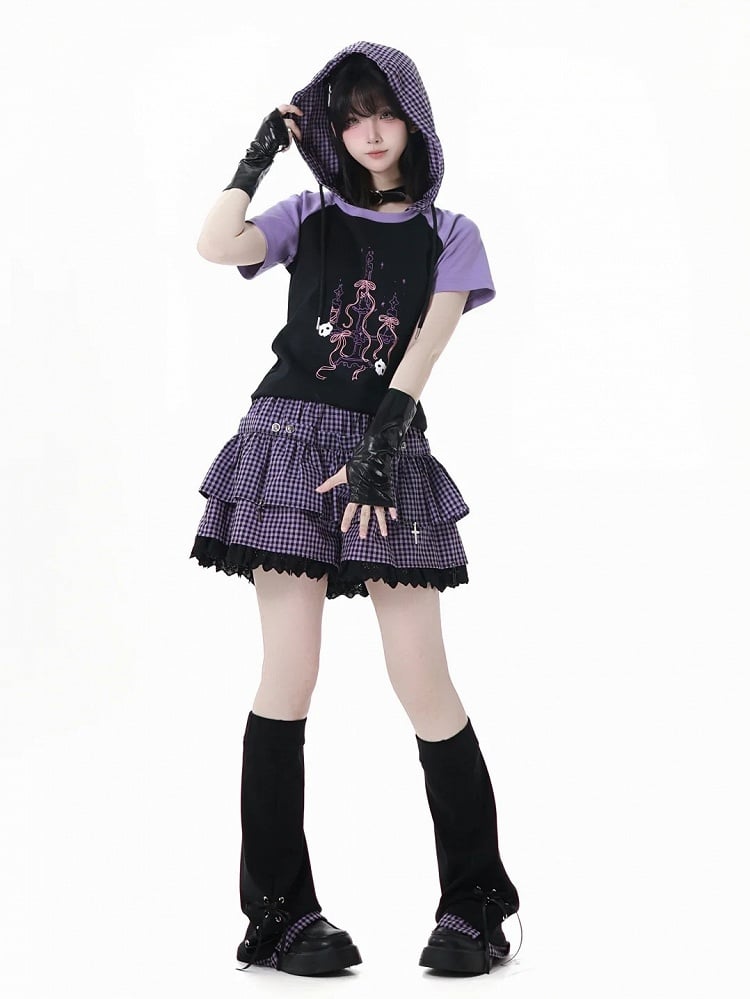 Plaid Hood Graphic T-Shirt Black Purple Colorblock Design