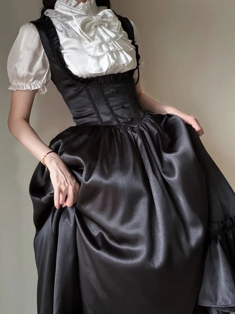 Black Satin Basque Waist Under Bust Classic Lolita JSK - Alice in Wonderland Lolita