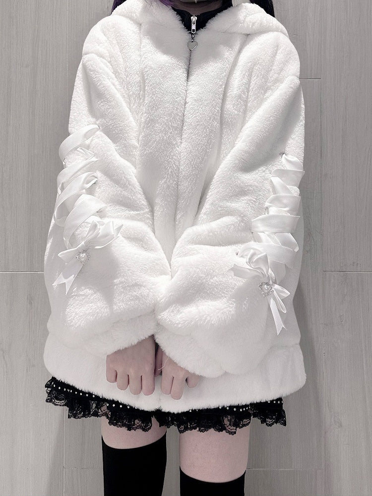 Off-White Warm Hooded Bow with Plush Jacket Kei Bear Ear Decor Jirai