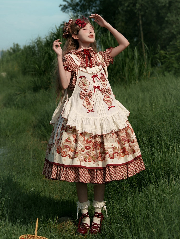 Blouse Red Hooded Pattern Short Lolita Sleeves Plaid