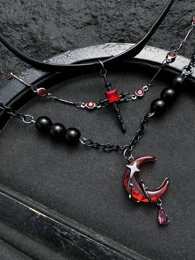 Beaded Layered Gothic Necklace with Red Moon - YSHXS