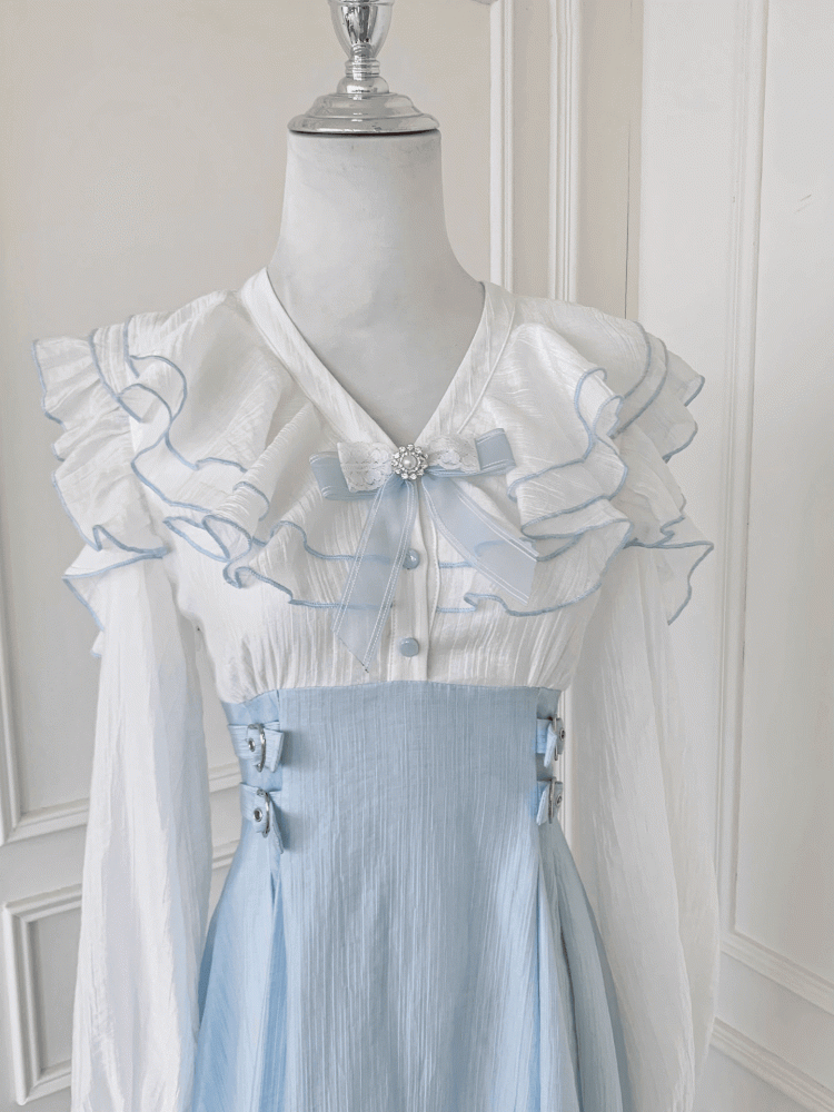 Flounce Blue Neckline Hem Tiered Jirai Kei Light