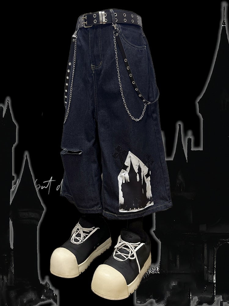 Cross Applique Design Shorts Dark Blue Distressed Holes Wide-Leg Cargo Y2K