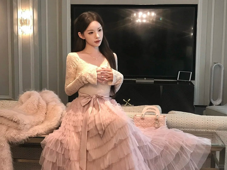 Tiered (Fleece-Lined) Lace Vintage Cake Off-Shoulder French Dress