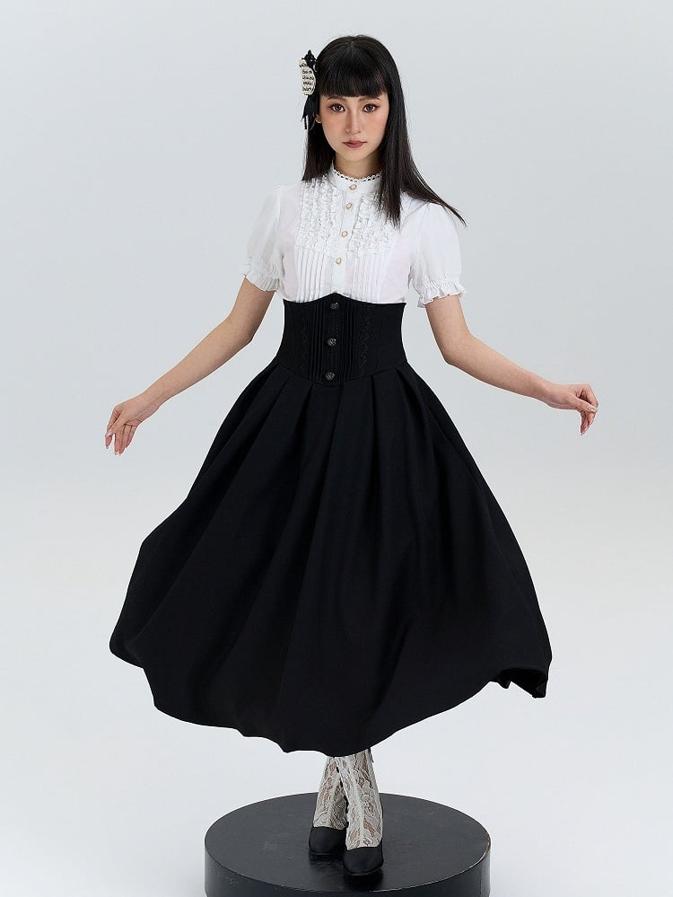 Lolita Ruffle and White Short Sleeves Front with Pleating Blouse
