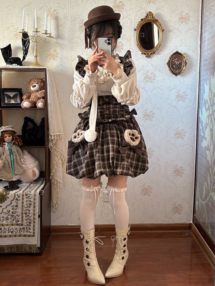 Brown Overall Skirt Puffed with - Bubble Sleeves Hem Plaid