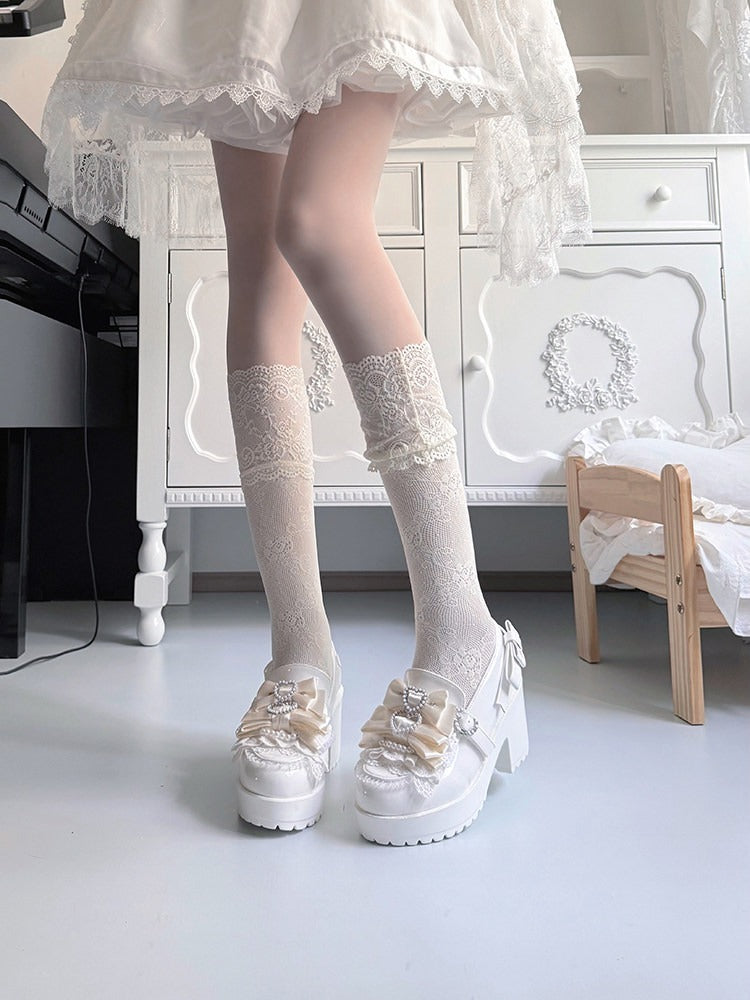 Jirai Kei Pearl Heart Bowknot White Lace Ruffle Shoes - Transfer Student