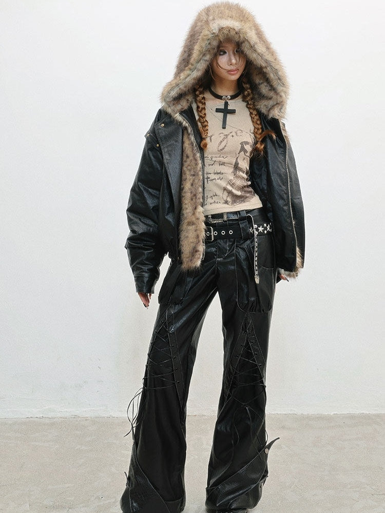 Accent with Jacket - Zip Snap Hooded Style Closure Punk Plush Details Black