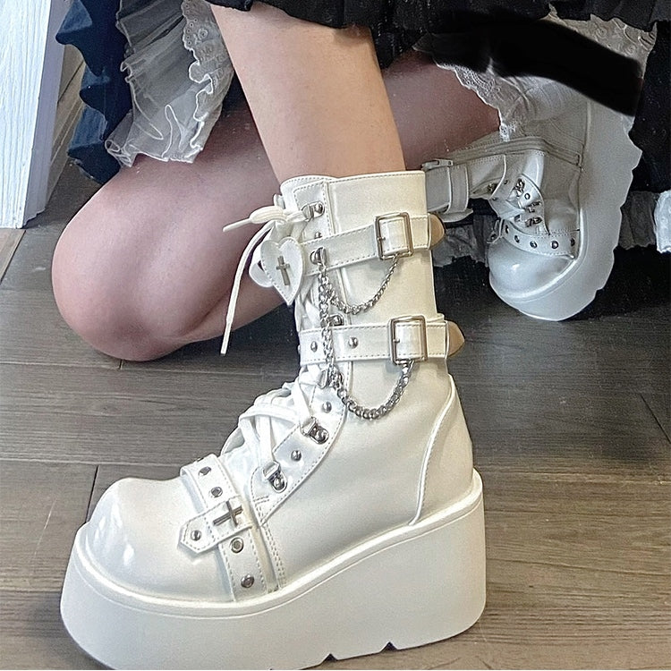 Punk Polished Motifs Platform Heart PU - Cross Boots White