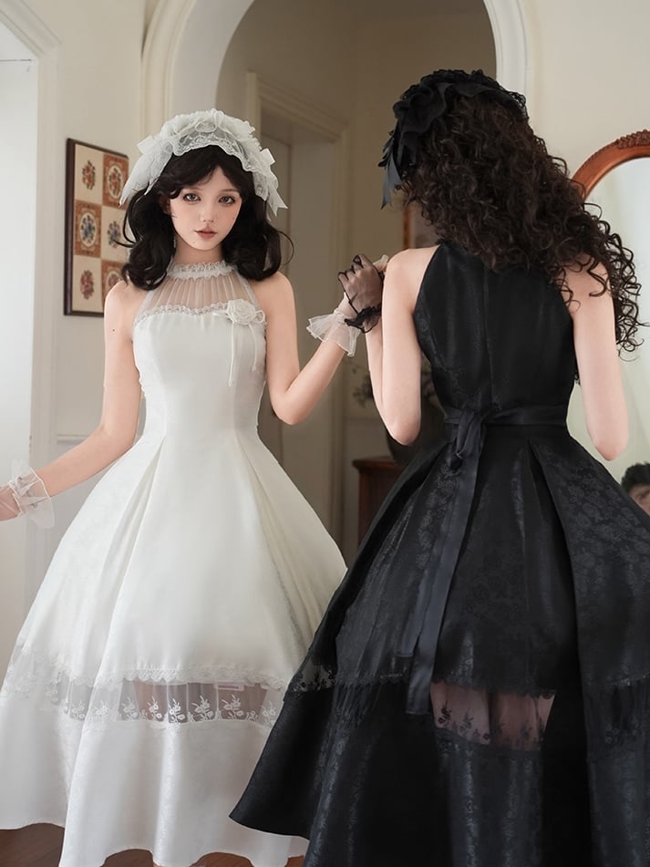 Spitze Jacquard Illusion Alle Rosette Neckholder Weiß Ballkleid Panels Stoff