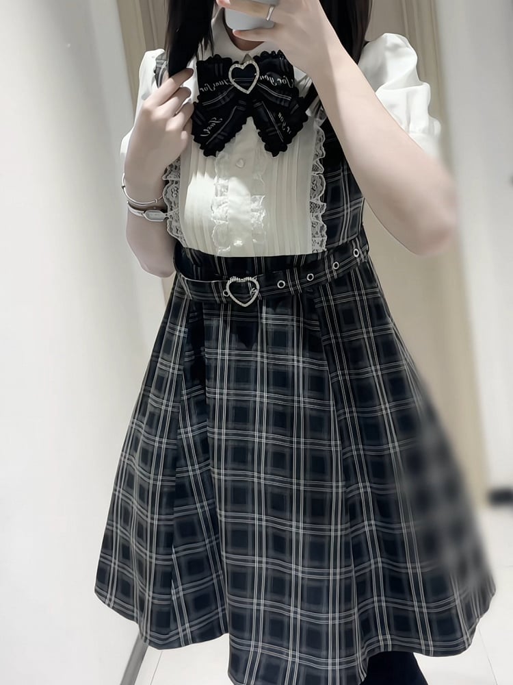 Faux Black Tie Design Jirai Detachable Two-Piece Dress Belt Heart Buckle Bow with Plaid Kei