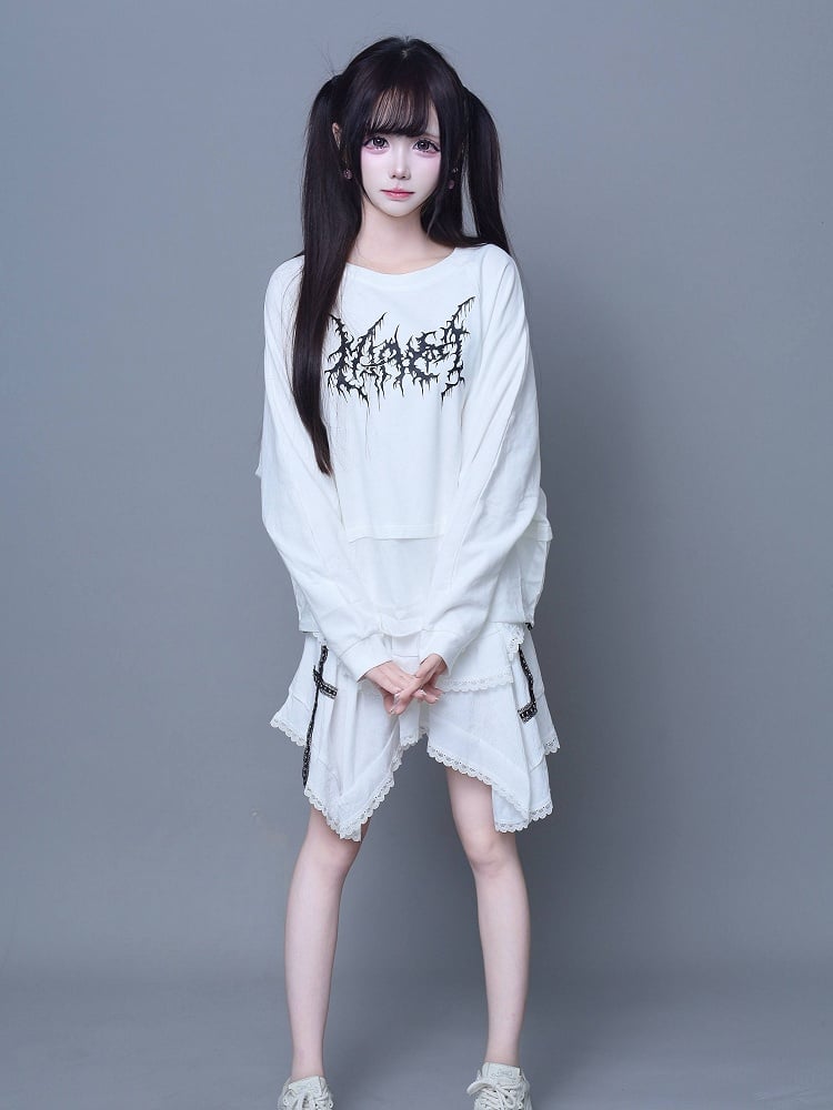 Cross-Decorated Asymmetric Jirai Kei Lace White Skirt