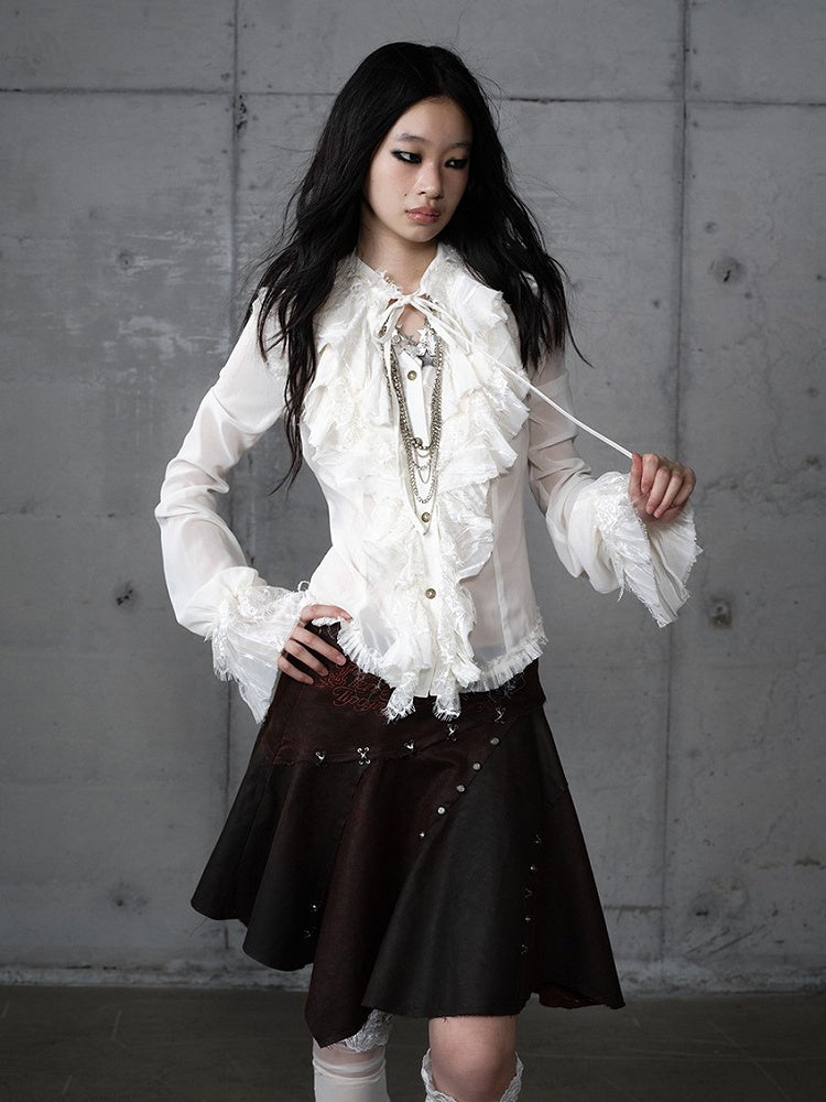 Vintage Flounce Tiered Princess Detail Beige Blouse Tie-Neck with Lace