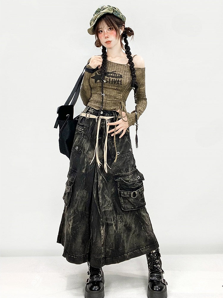 Punk Cargo Skirt with Faded Wash and Pockets - ReddaChic