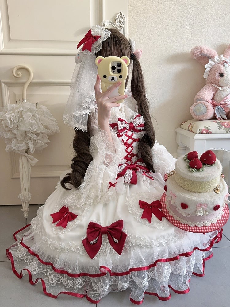 with Heart Sweet JSK / + Big Set Full Doll-Style Lace White Veil Details Red Dress Train Princess Bow Lolita