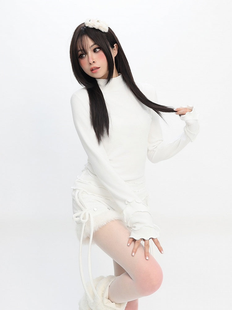 Ruffle Daily White Accents Mock Design Top Neck with Kawaii Sleeve Long