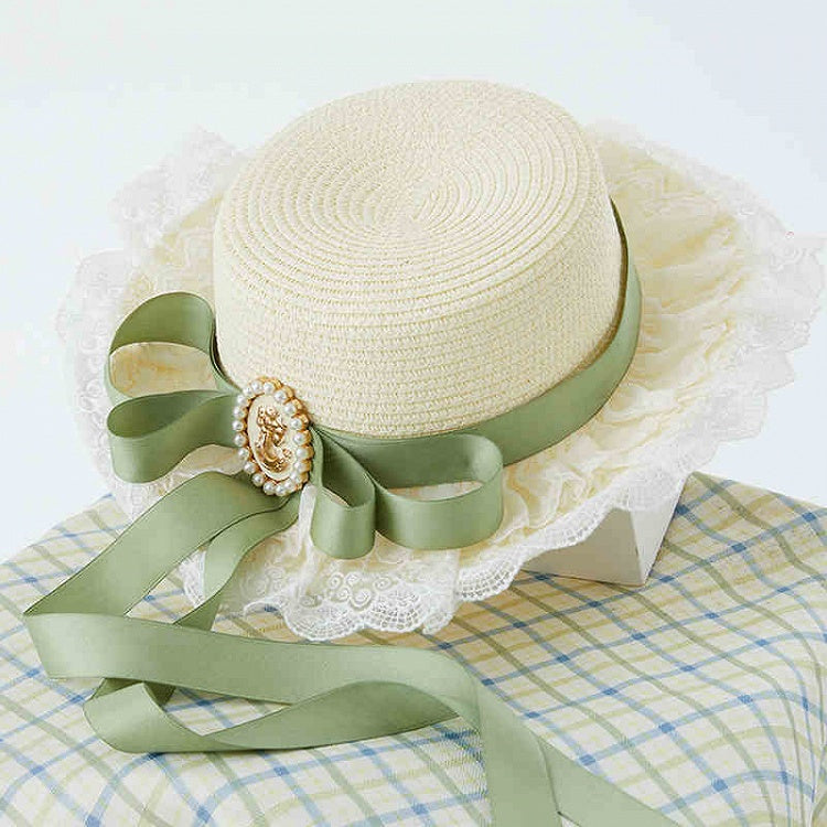 Straw Hat Ribbon Green Bowknot