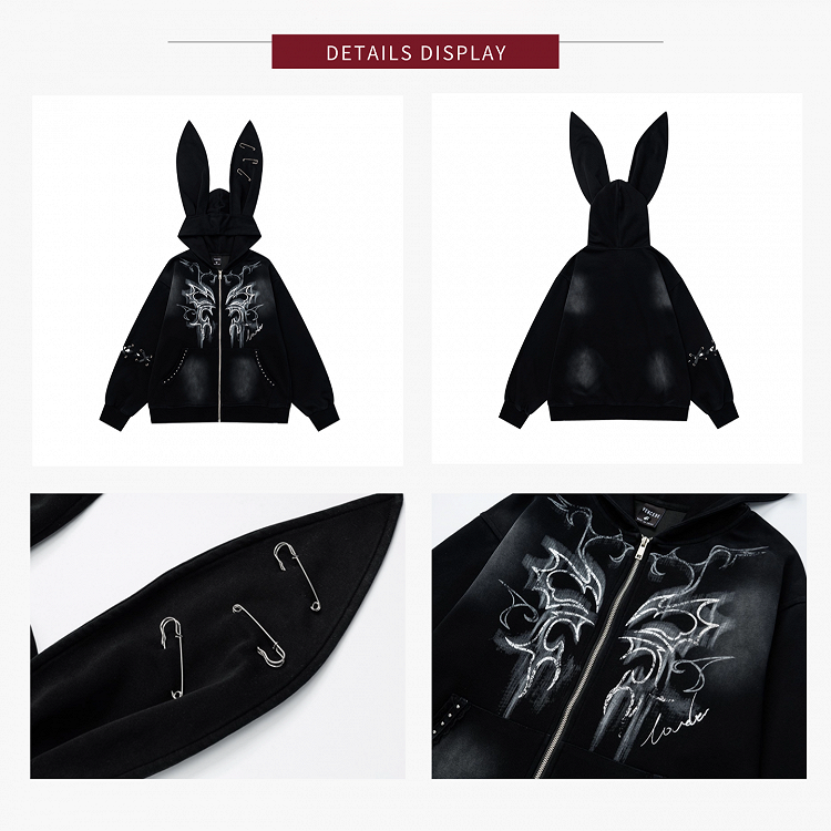 Black Closure Ear Vintage Hoodie with Bunny Punk Zipper