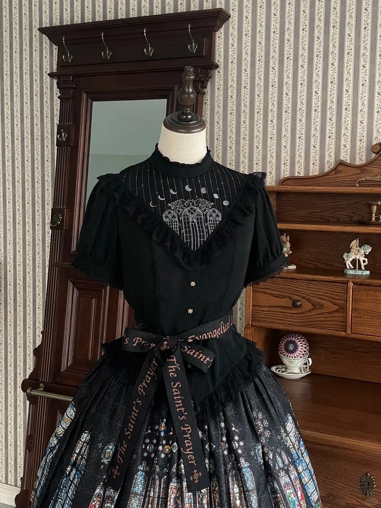 Lace with Gothic Black Blouse Trim Embroidered Design and Lolita