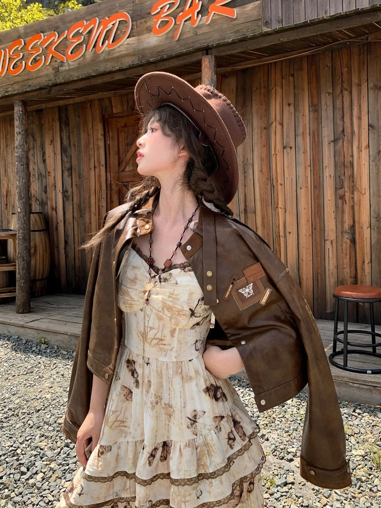 Vintage Schmetterlingsdruck Taschentuch Saum Farbstoff Apricot Krawatte Spaghettiträger Kleid