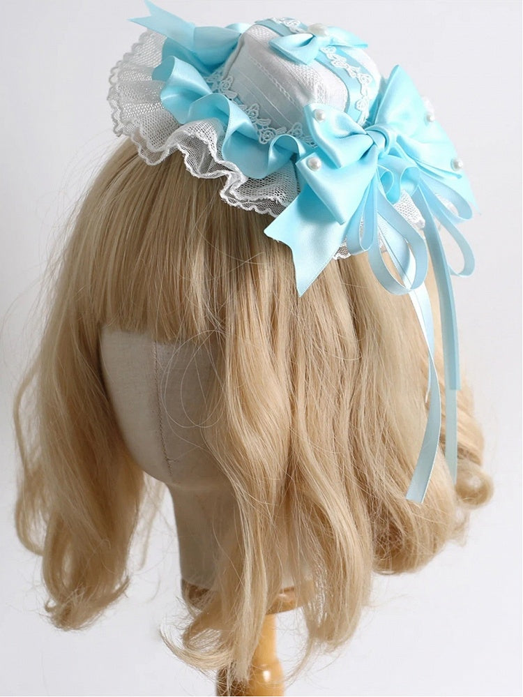 Accent Design Mini - Bow Satin Blue Pearl Lake White Hat Lolita Light