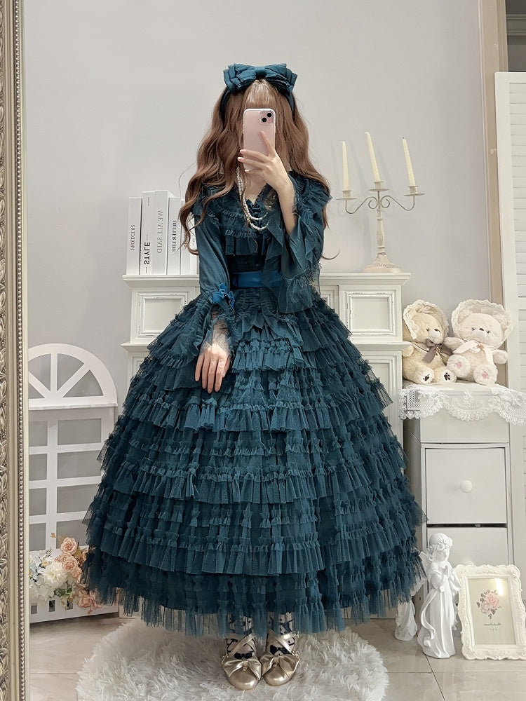 Sleeves Green Lolita - Skirt Blouse Dotted Cotton Tulle + Belt Set Bell Mesh Multi-layered Vest Elegant Dark Waist Classic