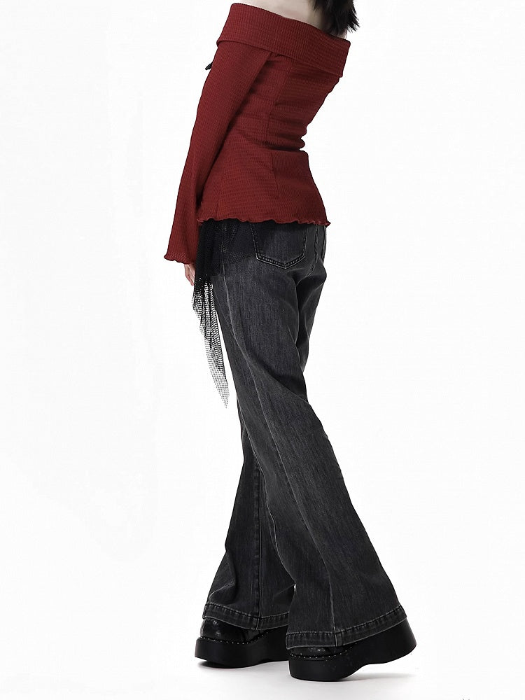 Detail Faded Wash Distressed Graue Schlagjeans mit Herzschnalle