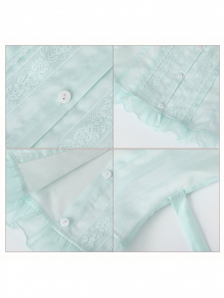 Sweet Green Fitted Waist Peter Pan Collar Floral Embroidery Blouse with Ruffle - Yimu Walnut
