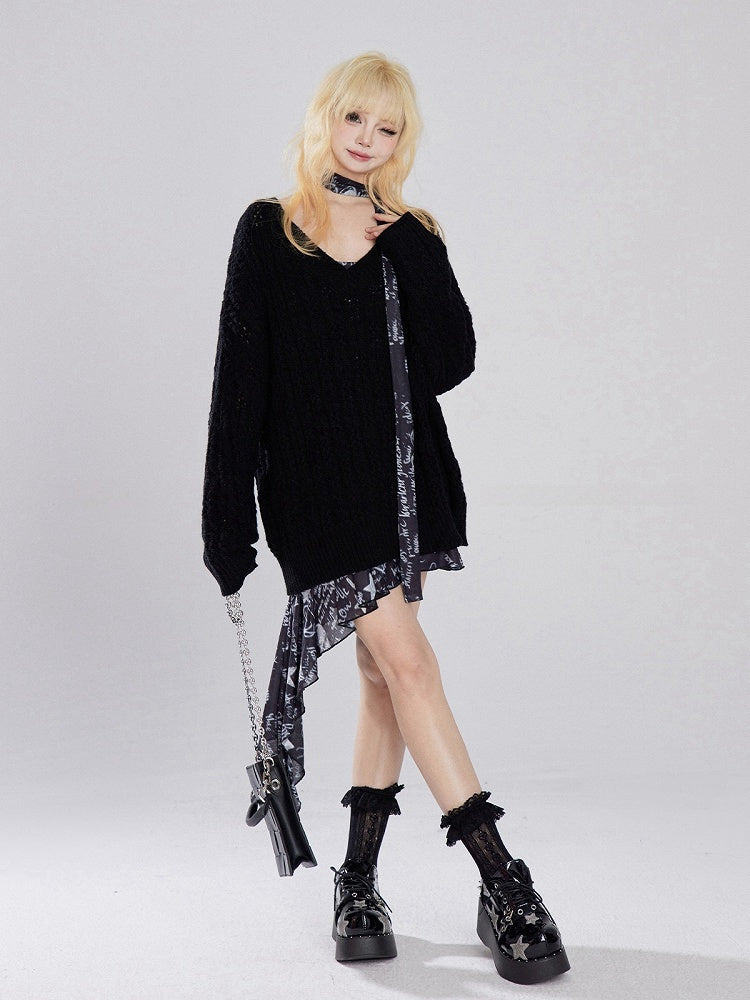 アプリコット/ブラック Vネック ホロウアウト ニットセーター