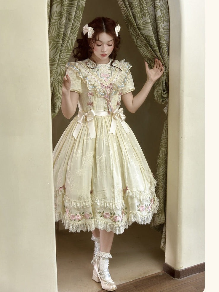 Yellow Embroidered Classic Lolita OP Dress with Scalloped Lace Hem