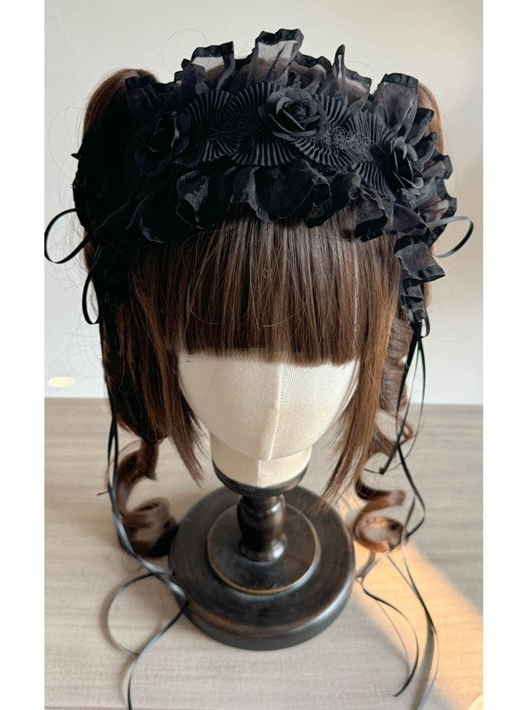 and Lace Streamers Flower Ribbon Ruffled Accents White/Black Lolita with Hairband