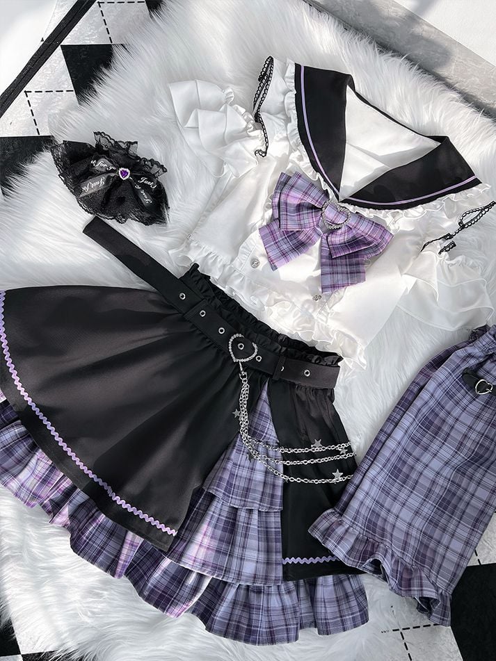 Schwarzes Set – Sailor Kei, lila Oberteil + lila kurzer Rock mit kariertem Kragen, Ärmel, volle Schulter, Jirai-Ausschnitt