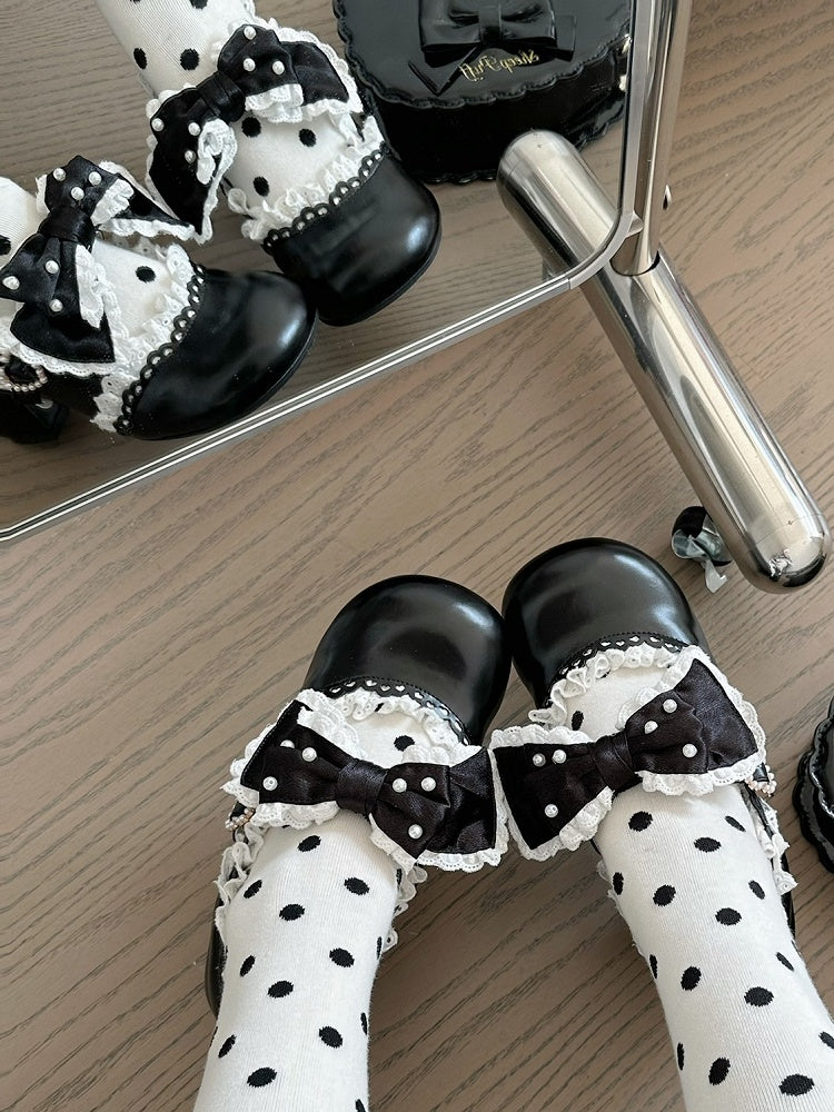 Bow Sweet Beaded Accent Scalloped-Edge with Mary Black Strap Buckle Decorated Leather - Janes Lolita PU